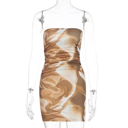 Ruched print contrast backless tube mini dress  | Festival Outfits Women