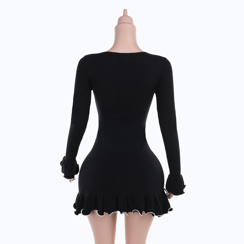 Long flared sleeve ruffle round neck mini dress  | Festival Outfits Women