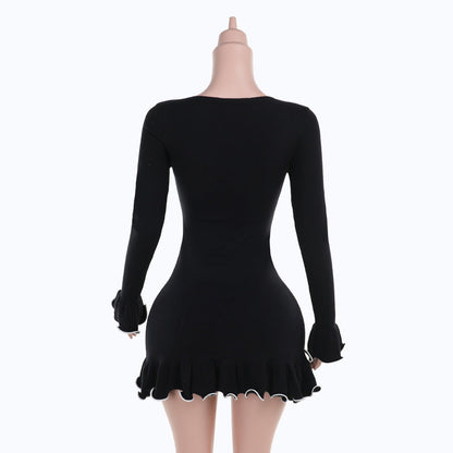 Long flared sleeve ruffle round neck mini dress  | Festival Outfits Women
