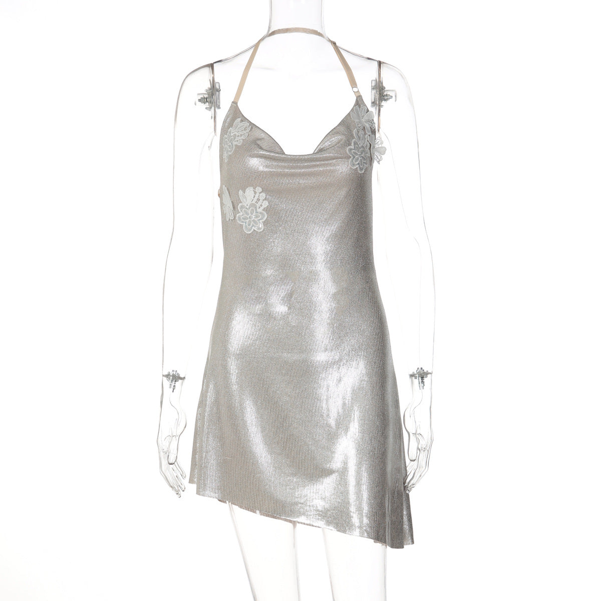 Irregular cowl neck embroidery halter mini dress  | Festival Outfits Women