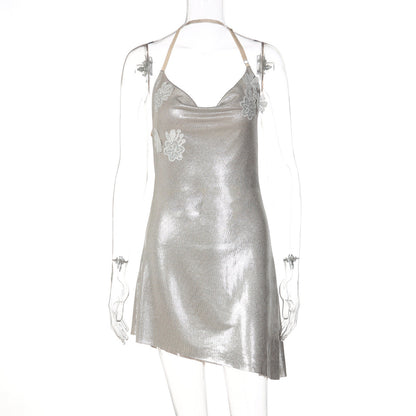 Irregular cowl neck embroidery halter mini dress  | Festival Outfits Women