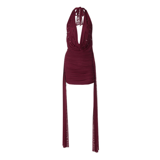 Halter cowl neck self tie water drop applique mini dress  | Festival Outfits Women