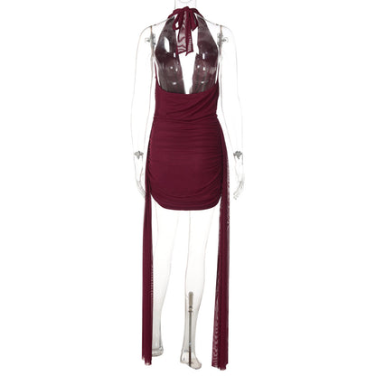 Halter cowl neck self tie water drop applique mini dress  | Festival Outfits Women