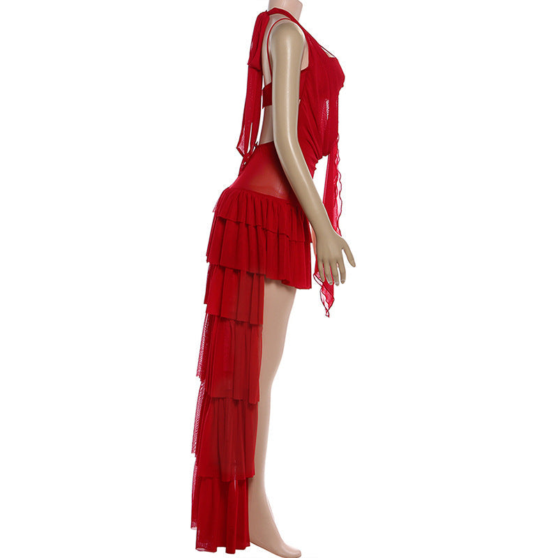 Self tie halter hollow out ruffle mesh mini dress  | Festival Outfits Women