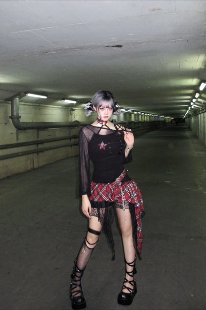 Asymmetrical Plaid Patchwork Hollow Out Mini Dress