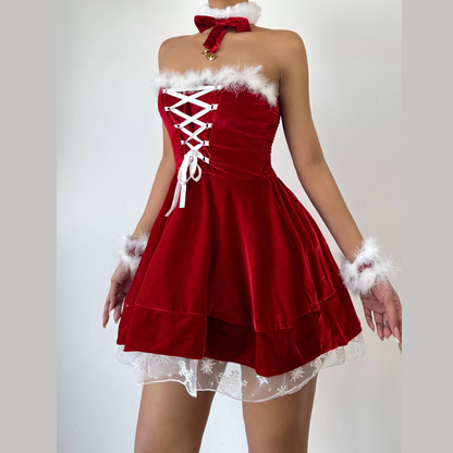 Fluffy lace up velvet backless tube mini dress  | Festival Outfits Women