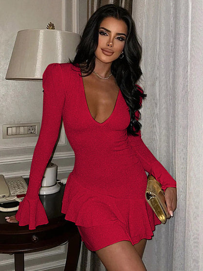 Sequins Party Dresses Deep V Padded Shoulder Ruffles Trim Mini Dress