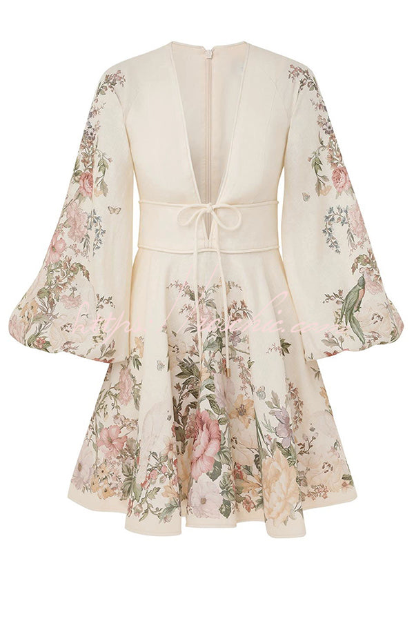 Flower Gala Linen Blend Unique Print Tie-up Balloon Sleeve Pocketed Mini Dress