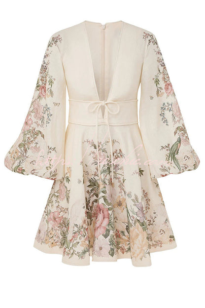 Flower Gala Linen Blend Unique Print Tie-up Balloon Sleeve Pocketed Mini Dress