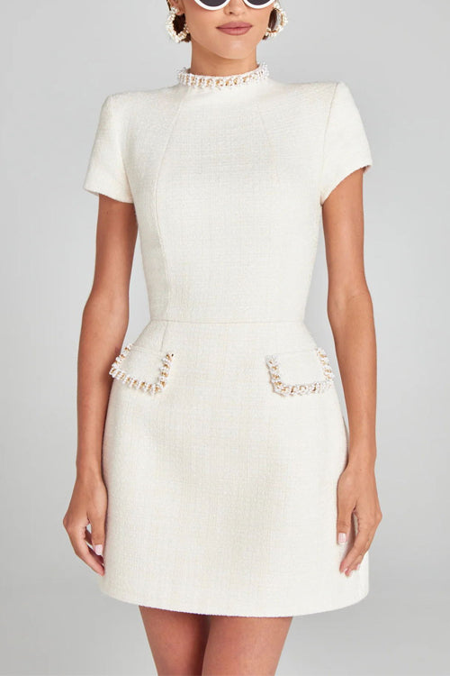 Mockneck Pearl Trim Waisted Tweed Mini Dress