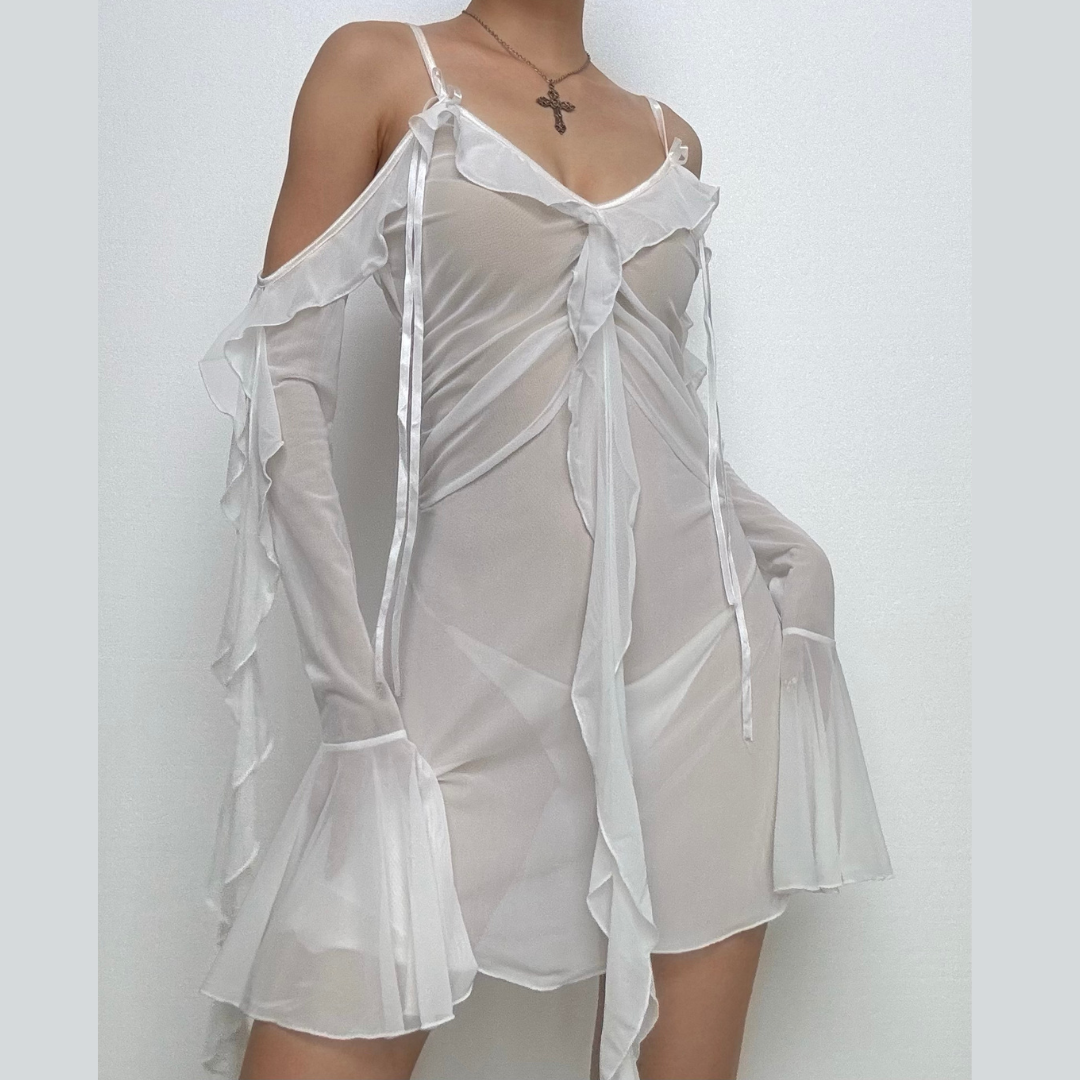 Long flared sleeve Off shoulder sheer mesh ruffle mini dress  | Festival Outfits Women