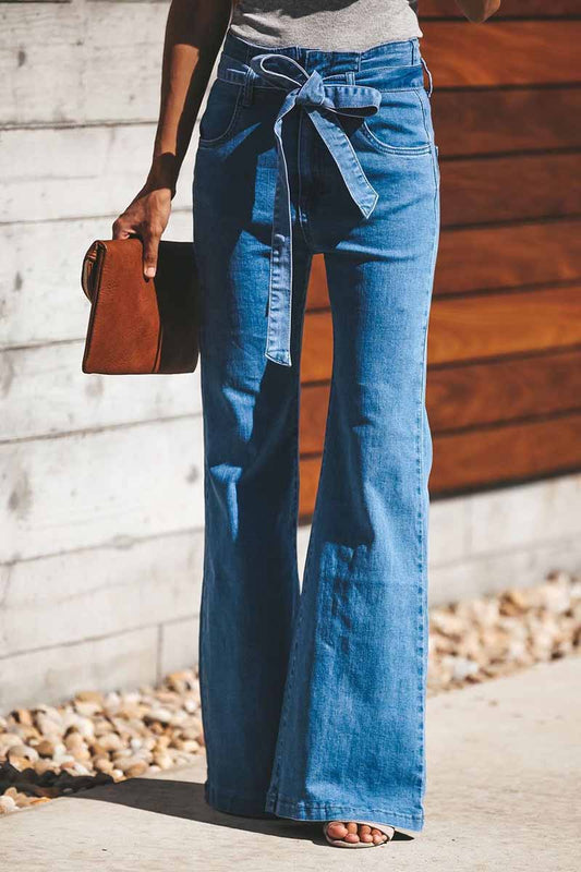 High-Waist High-Elastic Fashion Flared Pants (Including Belt)