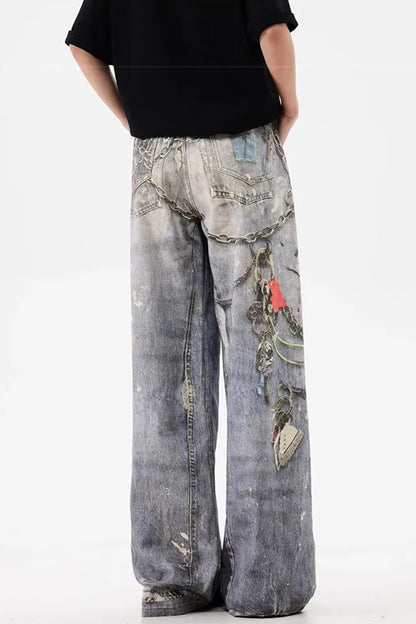 Loose 3D Chain Realistic Printed Jeans Pants