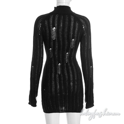 Long sleeve high neck hollow out solid mini dress