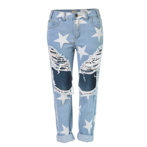 Vintage Pattern Star Printed Women Casual Ripped Jeans