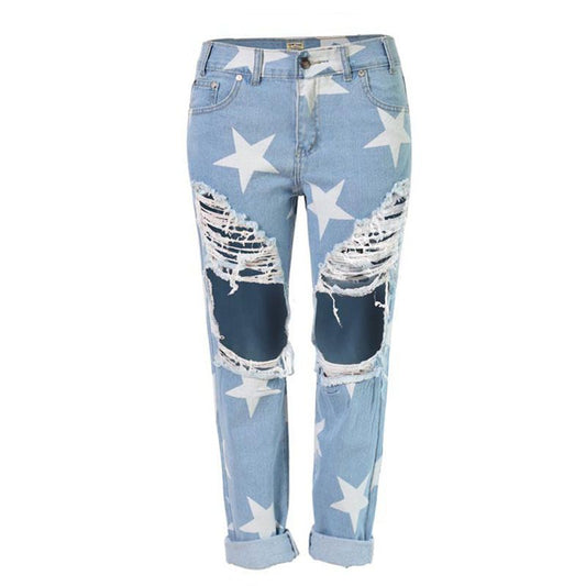 Vintage Pattern Star Printed Women Casual Ripped Jeans