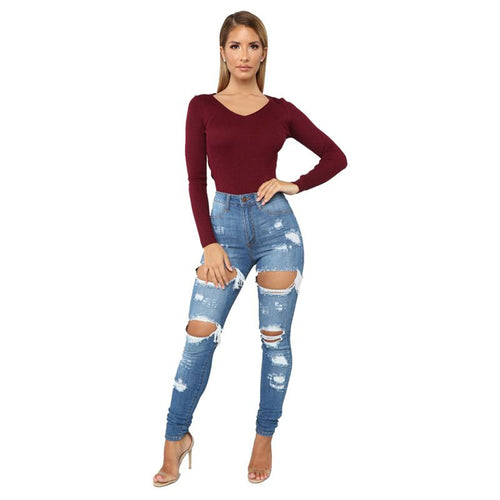 Hot Sale Casual Women Ripped Design Skinny Jeans