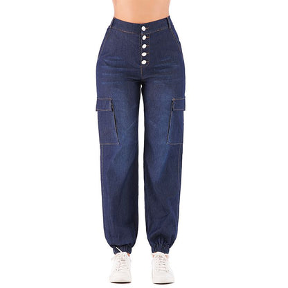 S-4XL Female High-waisted Metal Single-breasted Design Casual Jogger Jeans