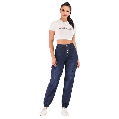 S-4XL Female High-waisted Metal Single-breasted Design Casual Jogger Jeans