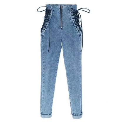 Women Casual High Waist Side Lace Up Slim Skinny Jeans