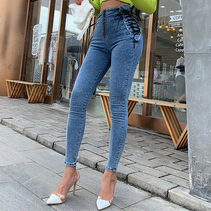 Women Casual High Waist Side Lace Up Slim Skinny Jeans