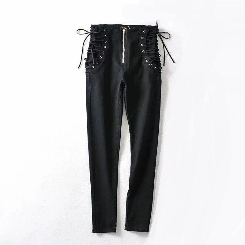 Women Casual High Waist Side Lace Up Slim Skinny Jeans