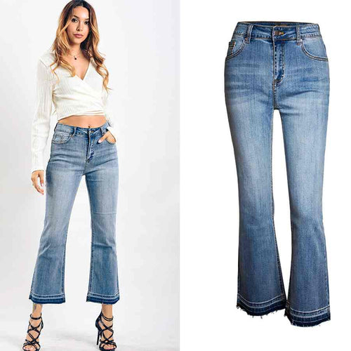 Women Unique Washed Blue Fabric Casual Wide-Leg Jeans