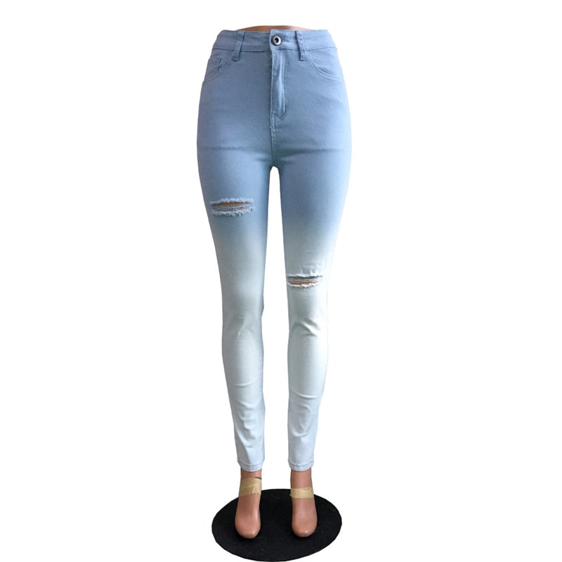 Women Edgy Casual Gradient Color Skinny Ripped Jeans