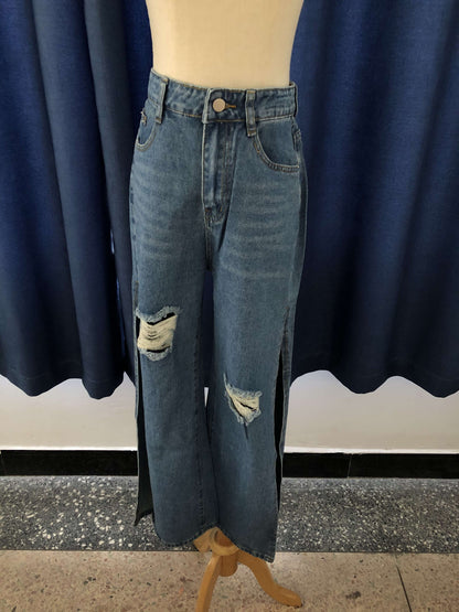 Women Fashion Elegant Casual Loose Ripped Side-slit Wide Legs Jeans