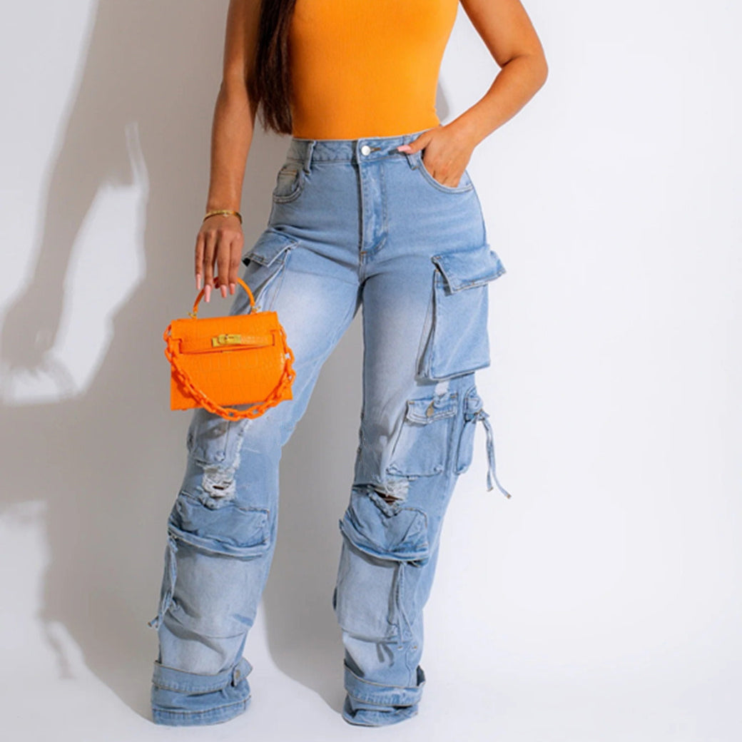 Women Fashion Multi-Pocket Casual Wide-leg Cargo Jeans