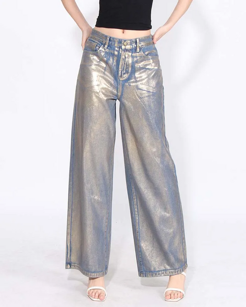 Gold Bronzed High Waisted Baggy Wide Leg Casual Jeans