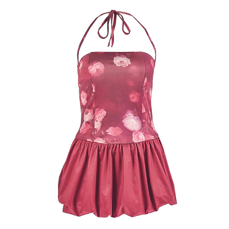 Halter flower print self tie ruched mini dress  | Festival Outfits Women