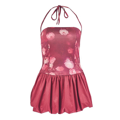 Halter flower print self tie ruched mini dress  | Festival Outfits Women