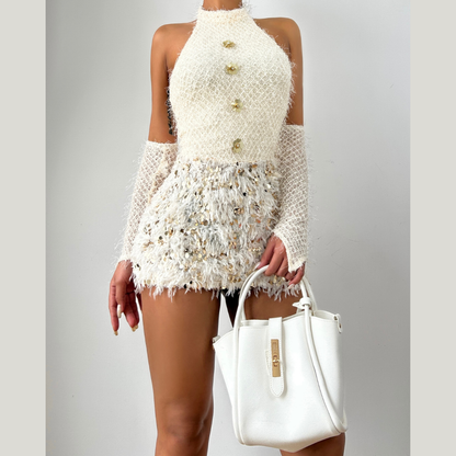 Halter glitter gloves raw hem backless mini dress  | Festival Outfits Women