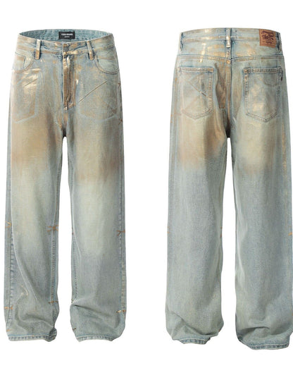Brush Gold Straight-Leg Metal Baggy Jeans