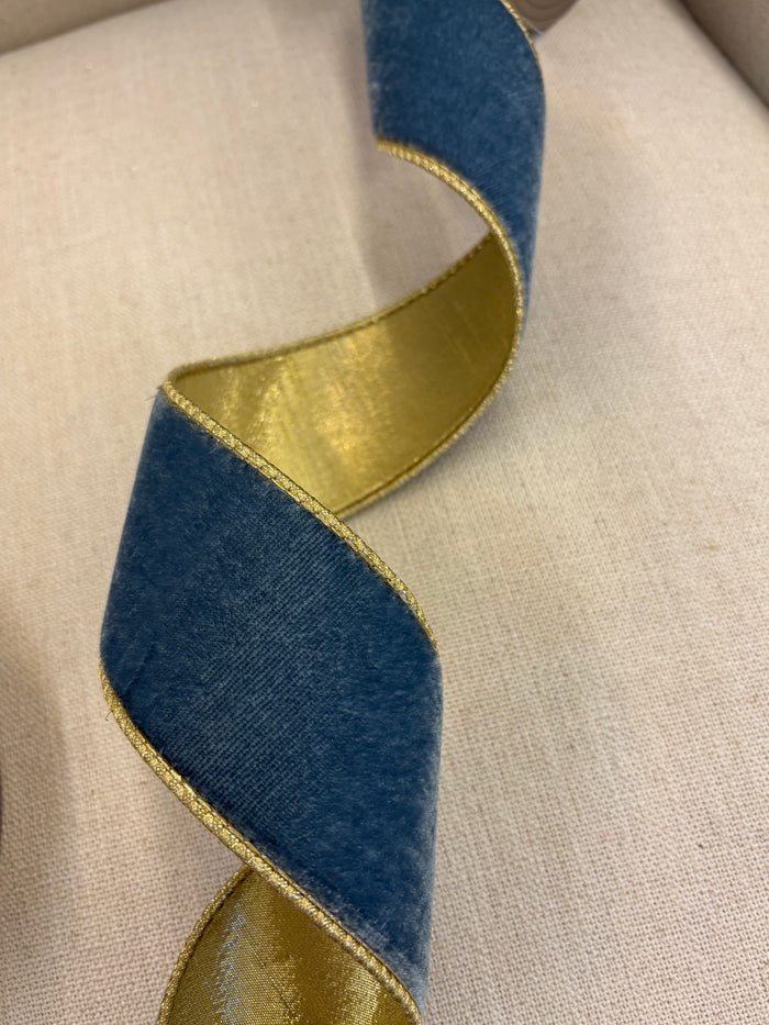 2.5” x 10yds French Blue Velvet Ribbon with Gold Trim & Backing