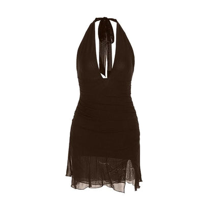 Halter self tie deep v neck slit ruched mini dress  | Festival Outfits Women