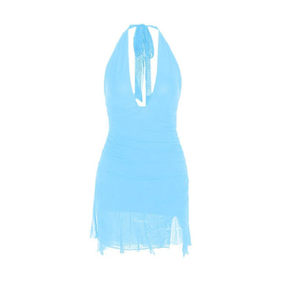 Halter self tie deep v neck slit ruched mini dress  | Festival Outfits Women