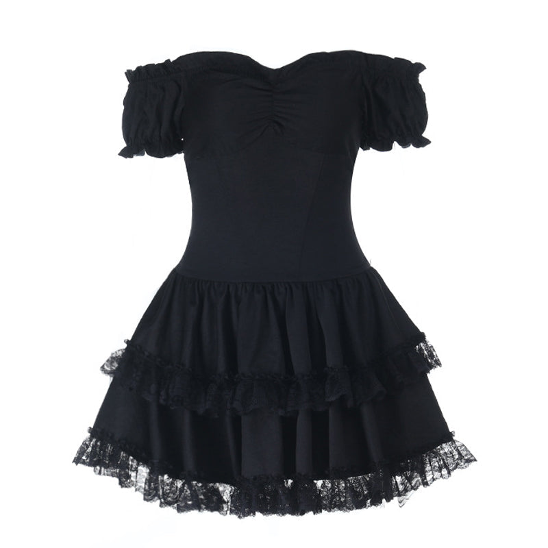 Lace hem off shoulder smocked ruched mini dress  | Festival Outfits Women