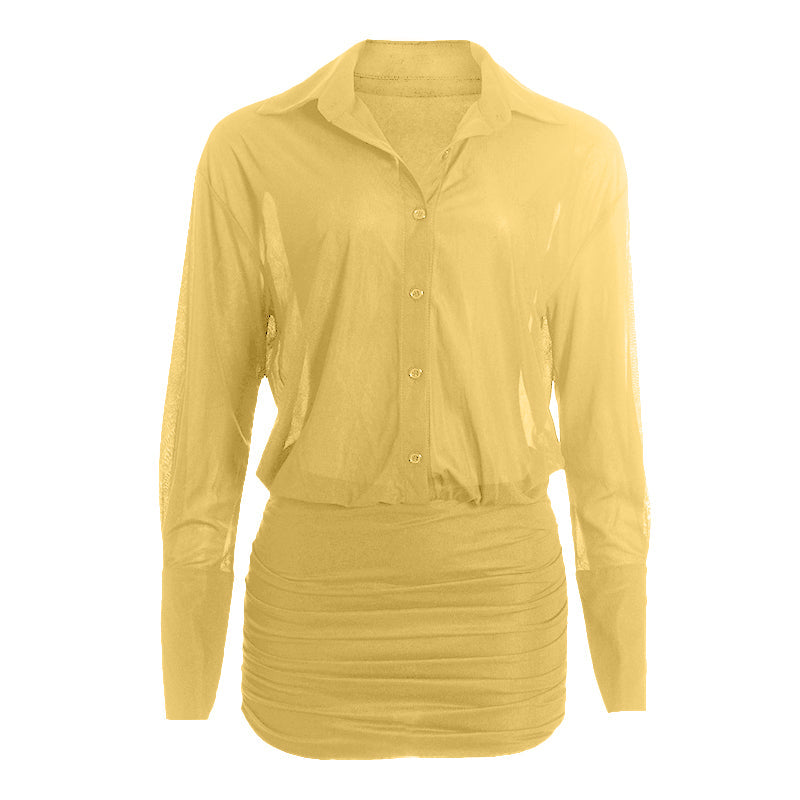 Long sleeve turnover collar button chiffon mini dress  | Festival Outfits Women