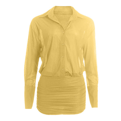 Long sleeve turnover collar button chiffon mini dress  | Festival Outfits Women