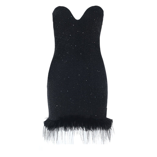 Sweetheart neck fluffy glitter mini dress  | Festival Outfits Women