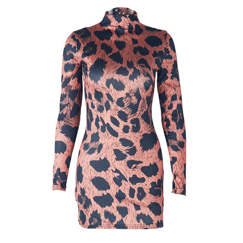 High neck leopard print long sleeve mini dress  | Festival Outfits Women  | Leopard Print Mini Dress