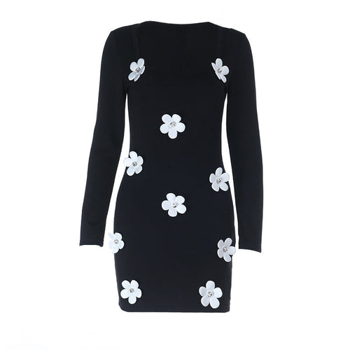 Long sleeve u neck flower applique mini dress  | Festival Outfits Women