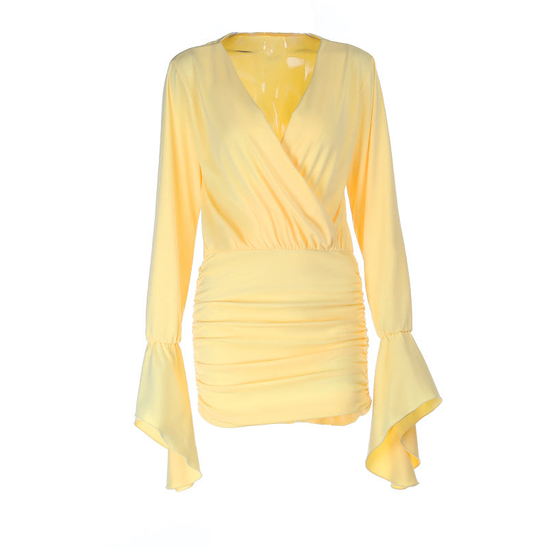 Long flared sleeve v neck ruched solid mini dress  | Festival Outfits Women