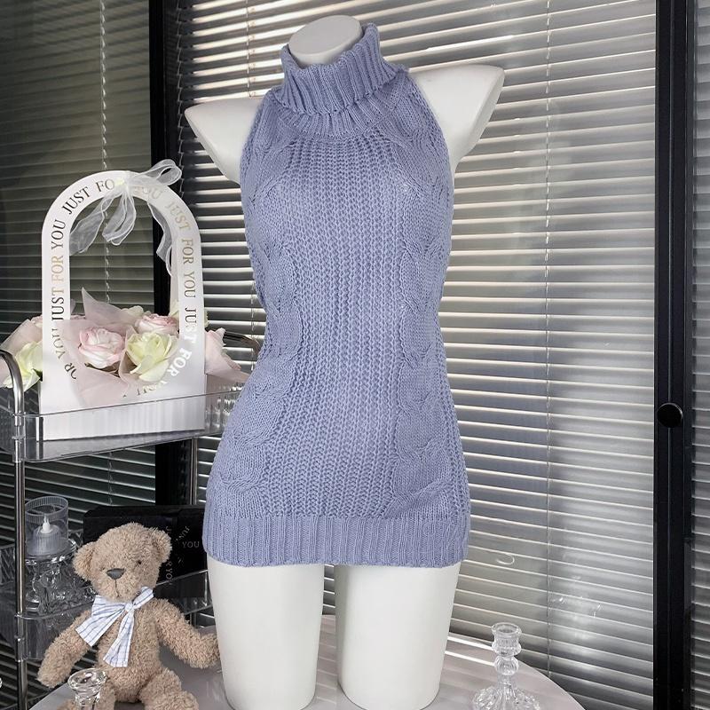 High neck halter self tie backless knitted mini dress  | Festival Outfits Women