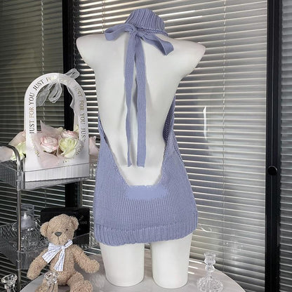 High neck halter self tie backless knitted mini dress  | Festival Outfits Women