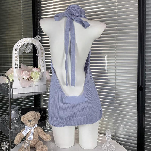 High neck halter self tie backless knitted mini dress  | Festival Outfits Women