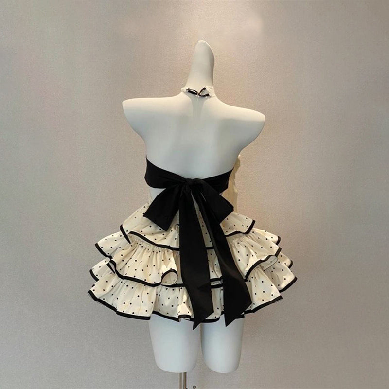 Polka dot halter ruffle bowknot backless mini dress  | Festival Outfits Women