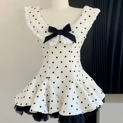 Polka dot lace hem bowknot ruffle mini dress  | Festival Outfits Women